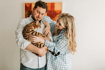 couple, holding, pet cat, tabby cat, indoors, warmth, affection, embracing, indoor photo, couple with cat, happy couple