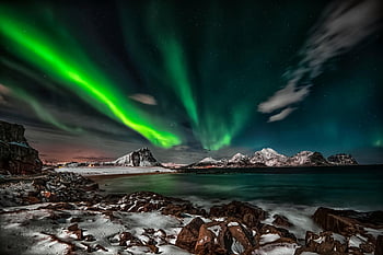 Aurora Borealis, Northern Lights, Lofoten Islands, snow-covered, night view, captivating, green aurora, winter landscape, natural phenomenon, Norway, Arctic