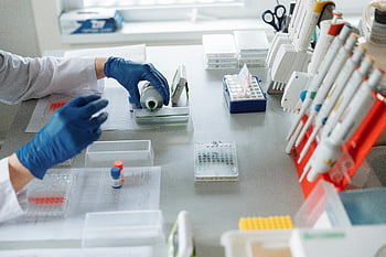 scientist, blue gloves, lab equipment, samples, colored liquid, plastic bottle, laboratory, research, medical, testing, experiment