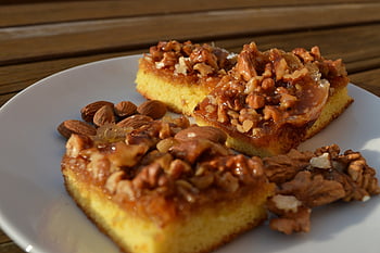 bakverk, kake, nøtter, mandel, valnøtter, tallerken, desserter, nydelig, bake, sukker, bakevarer