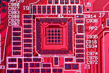 puce électronique moderne, dispositif technique, circuit imprimé rouge, motifs électroniques complexes, vue de dessus détaillée, microélectronique, Technologie des semi-conducteurs, Composants electroniques, conception de circuit, Disposition du PCB, matériel de haute technologie