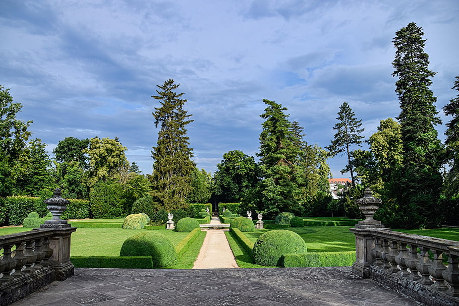 hrad, park, architektura, historicky, zahrada, stromy