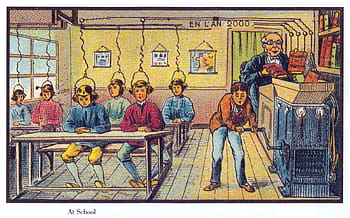 Vintage Illustration, Futuristic Illustration, France in the Year 2000, Jean-Marc Cote, At School, Classroom, Future Technology, Educational Technology, Teaching Methods, Students