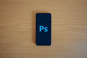 Ps letters, smartphone, Adobe Photoshop, top view, wooden surface, mobile app, digital design, graphic editing, technology, screen display, blue text