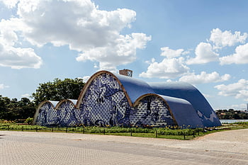 Church of Saint Francis of Assisi, Pampulha, Belo Horizonte, modern architecture, blue tiles, bright sky, religious building, contemporary church, architectural design, outdoor scene, Brazil