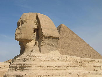 velká sfinga, pyramida v Gíze, Egypt, Ikonický pohled, čisté nebe, starobylé památky, historické místo, pouštní krajina, turistická atrakce, světové dědictví, Archeologický zázrak