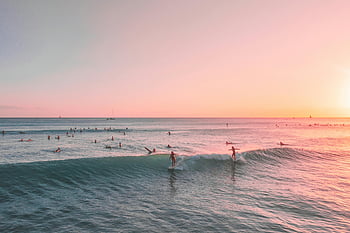 surfing, sunset, sea, waves, surfers, vibrant sunset, relaxation, adventure, ocean, beach, people surfing