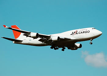 Japan Air Lines, cargo plane, in flight, blue sky, aviation, transportation, large airplane, JAL Cargo, clear sky, aircraft, flying