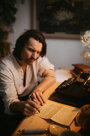 man writing, vintage atmosphere, typewriter, letter writing, desk, paper, pen, indoor setting, focused expression, warm lighting, classic style
