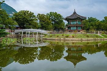 Pavilon Hyangwonjeong, rybník, kulturní dědictví, park, palác gyeongbokgung, Soul, korejské architektury, Jižní Korea, palác, kulturní památka