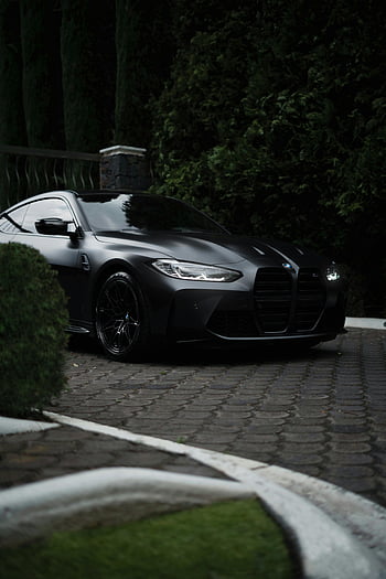 검은 색 BMW M4, 조약돌 차도, 매끄러운 검은 차, 우아하게 주차했습니다, 무성한 녹지, 거리 주차, 고급 차량, 현대 스포츠카, 고급 자동차, 옥외 설정, BMW M4 디자인