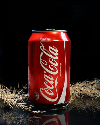 Coca-Cola, canned Coca-Cola, close-up shot, dark backdrop, refreshment, soda can, beverage, soft drink, red can, Original Coca-Cola, Trademark Regd.