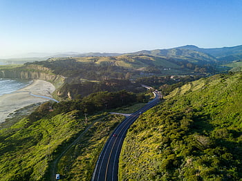 costiero, Pacifico, paesaggio, autostrada, aereo, strada, viaggio, montagne, alberi, cielo, fuco