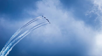jet volanti, manovre acrobatiche, piste di fumo, chiaro cielo blu, sei getti, spettacolo aereo, Formazione di getto, Sky Performance, display aeronautico, acrobazie aeree, aerei a reazione
