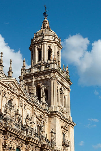 Assumption of the Virgin Cathedral, Jaen, Spain, Renaissance cathedral, ornate facade, clear blue sky, cathedral tower, historic architecture, religious building, European landmarks, Jaen Spain