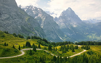 švýcarské Alpy, grindelwald, švýcarsko, cyklostezka, Rolling Green Hills, pohoří, panoramatický výhled, svěží louky, Ohromující krajina, venkovní dobrodružství, přírodní scenérie