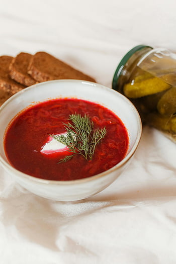 borščová polévka, bílá keramická mísa, červená polévka, hnědý chléb, čerstvé okurky, koprová obloha, krémová polévka, polévka z červené řepy, tradiční jídlo, chutný jídlo, zdravé jídlo