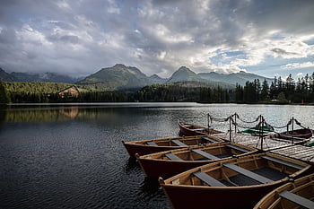 jezero, dok, lodí, hory, molo, Příroda, scenérie, voda, odraz, zataženo, pohoří