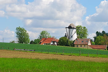 větrný mlýn, domy, hospodařit, zemědělství, zemědělské půdy, statek, pole, louka, venkovský, venkov, scenérie
