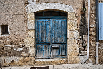 dveře, vstup, fasáda, ulice, modrý, kámen, rustikální