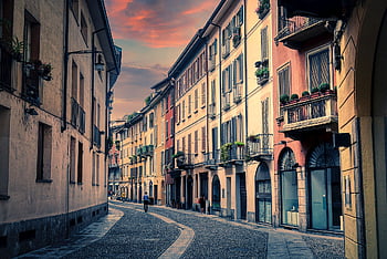 buildings, street, nature, road, curve, pedestrian, paving Stones, milan, italy, city, clouds