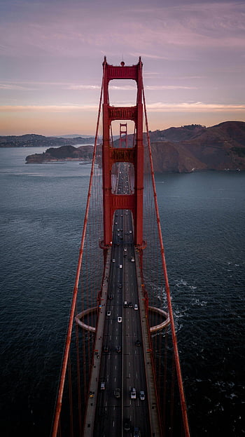 ponte di San Francisco, Golden Gate Bridge, vista aerea, crepuscolo, Oceano sereno, colline, tramonto, fotografia del ponte, Punti di riferimento della California, ponte iconico, skyline della città