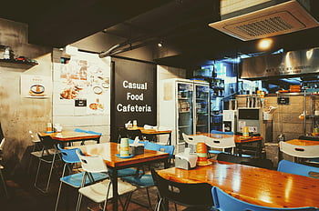 empty restaurant, cozy cafeteria, casual food, tables and chairs, Busan, South Korea, interior design, dining area, refreshment station, wooden tables, blue chairs