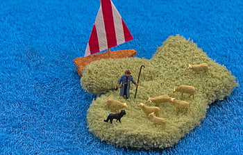 miniaturowe postacie, miniaturowy, owca, pasterz, postacie, żaglówka, wełna, pies, Wyspa Wełna, rękawica, Wyspa rękawic