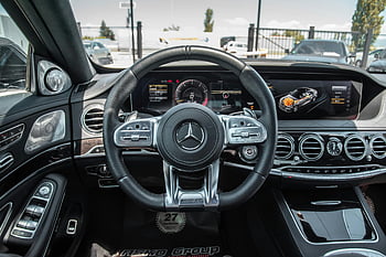 Mercedes-Benz S63, belső, műszerfal kialakítása, kormánykerék, luxus autó, karcsú belső, Mercedes-Benz, autó belső, Irányítópult, kormánykerék kialakítása, luxus jármű