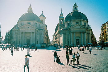 piazza del popolo, Rzym, kościoły bliźniacze, tętniący życiem scena, różnorodni goście, kultowa architektura, Włoskie zabytki, Plac miejski, historyczna Strona, cel podróży, kultura europejska