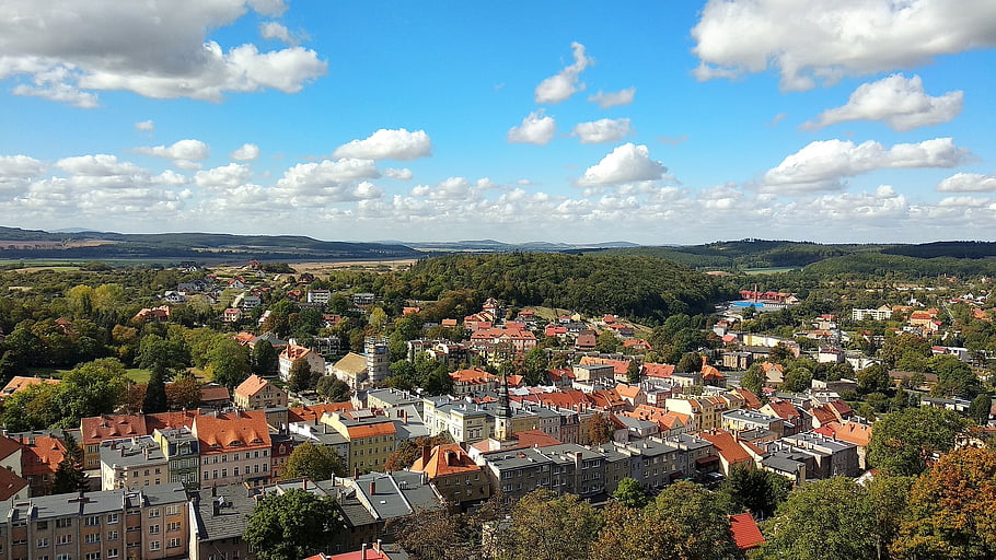 town, city, houses, building, architecture, urban, buildings, nature, sky, clouds, trees