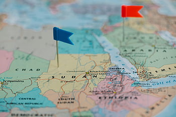 Afrika kort, Sudan, små flag, blå flag, røde flag, Detaljeret kort, Nærbillede kort, nærliggende lande, Khartoum, Eritrea, Etiopien