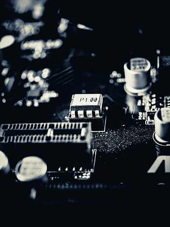 Schwarz und weiß, Audiomixer, Makroaufnahme, Computer-Motherboard, moderne Komponenten, Schaltungen, detaillierte Ansicht, elektronische Bauteile, Technologiehardware, Leiterplatte, Nahaufnahmen