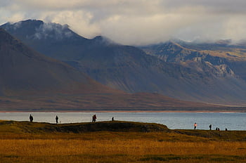 mountain, cove, people, cloudy, cliff, walking, go, iceland, scenery, atmospheric, distant View
