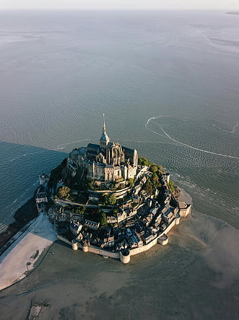letecký pohled, mont saint michel, historické architektury, odliv, moře, hrad, Francie, fotografování sond, Pobřežní památka, středověká pevnost, nádherný výhled