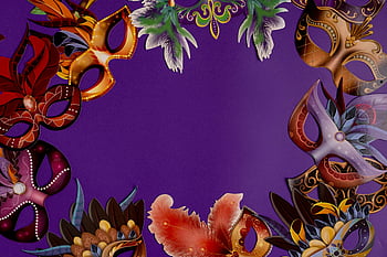 Mardi Gras, masky, fialové pozadí, Barevné masky, oslava, tradice, uspořádaný kruh, slavnostní, karneval, Maškaráda, dekorativní