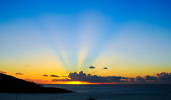 sunset, scenery, ocean, sky, clouds, sun rays, horizon, landscape, evening, natural beauty, coastal view