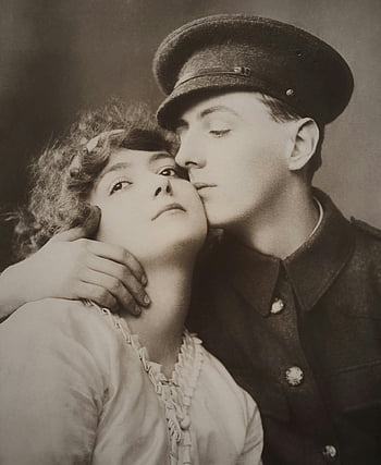 old photo, man showing affection, woman, military uniform, classic grayscale portrait, couple in love, vintage couple, romantic portrait, historical photo, affectionate couple, military man and woman