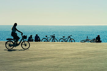 barceloneta, bicikli, strand, lovagol, szállítás, óceán, tengerpart