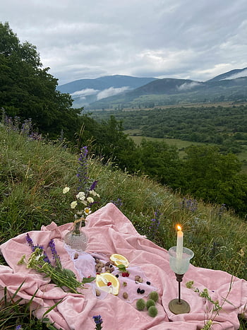 mountain picnic, serene meadow, picnic setup, fruits on blanket, candlelight picnic, cloudy sky, mountain meadow, flowers and candle, picnic in mountains, pink blanket, natural scenery