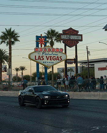 mobil hitam, Las Vegas, tanda selamat datang, Cityscape malam, pohon-pohon palem, mobil mewah, jalan, Tanda ikonik, nevada, harley-davidson, Las Vegas yang luar biasa