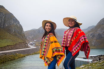 Červené, žlutá, barvy, pončo, andina, andean, Peru, umění, malování, barvitý, štěstí