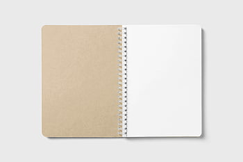 otevřený zápisník, bílý povrch, Spirála vázaná notebook, prázdné stránky, Psaní poznámek, Design makety, Kraft cover, minimalistický design, čisté pozadí, papírnictví, kancelářské potřeby