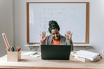 black woman, online work, laptop, smiling teacher, online math class, equations, whiteboard, remote teaching, educational technology, virtual classroom, happy teacher