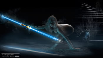 lightSaber, woman warrior, metamorph cat, photoshop tutorial, digital art, fantasy, action, blue light, night scene, water reflection, cat silhouette