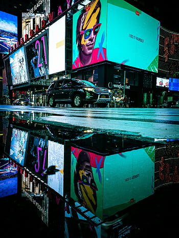 Black Vehicle, Road, Illuminated Billboards, Puddle Reflection, City Street, Night Scene, Urban Landscape, Billboard Reflection, Wet Street, Nighttime Cityscape, Dynamic Scene