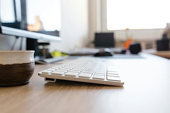 Apple Magic Keyboard, modern office desk, computer keyboard, workspace setup, selective focus photography, office equipment, desk accessories, workspaces, monitor, office desk, keyboard