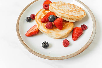 pancakes, fresh fruits, strawberries, raspberries, blueberries, homemade pancakes, white plate, stack of pancakes, breakfast, healthy meal, fruit toppings
