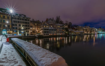 winter, zurich, city, historic Center, railing, street Lamp, limmat, flow, water, reflection, snow