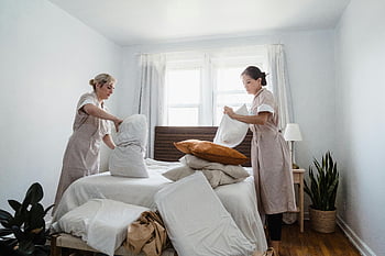 housekeepers, tidying, bedroom, women, uniforms, bed, clean, welcoming, space, hotel, maid